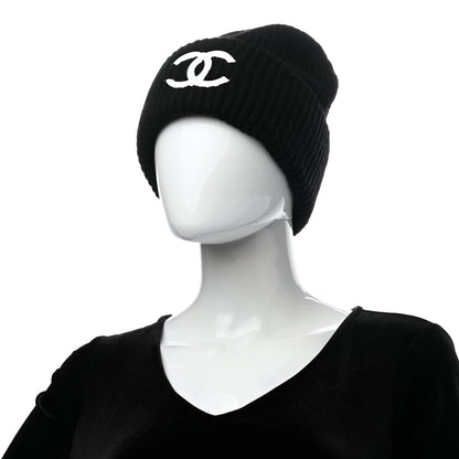 Chanel Wool Cashmere CC Beanie Hat Black White 2 of 4