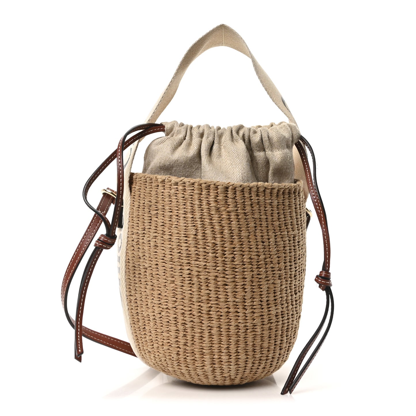Raffia Calfskin Small Woody Basket Bag Brown