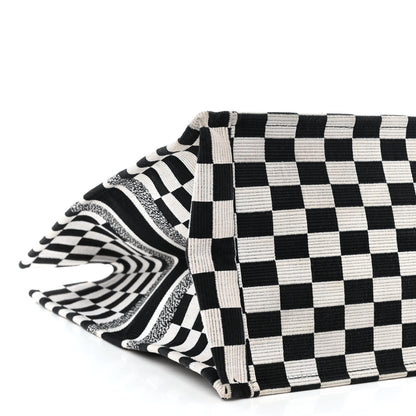 Christian Dior Canvas Embroidered Checkered Book Tote Black White 9 of 11