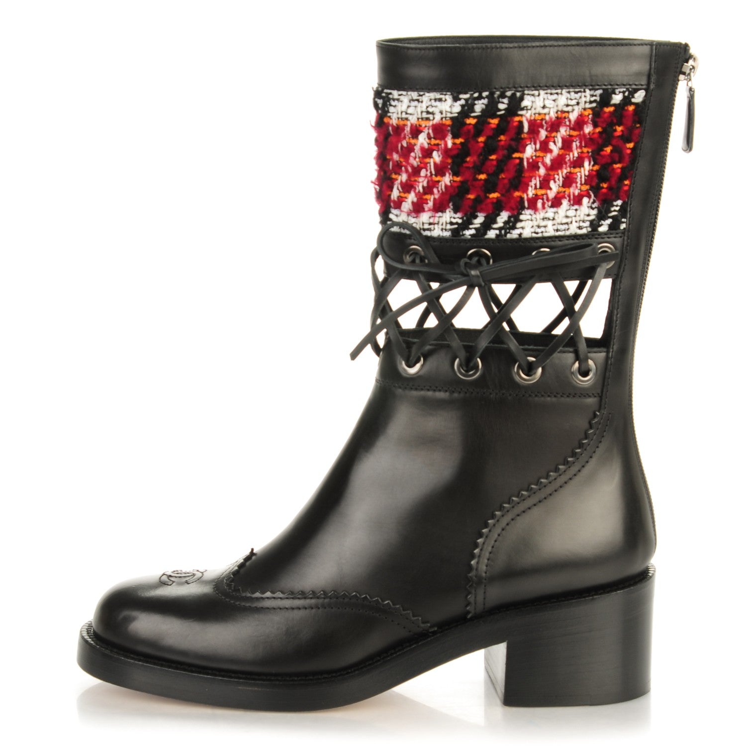Chanel Tweed Calfskin Lace Up Short Boots 39 Black White Burgundy 1 of 6