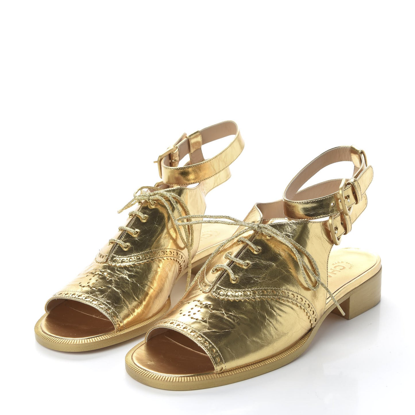 Metallic Calfskin CC Brogue Lace Up Ankle Strap Oxford Peep Toe Sandals 40 Gold