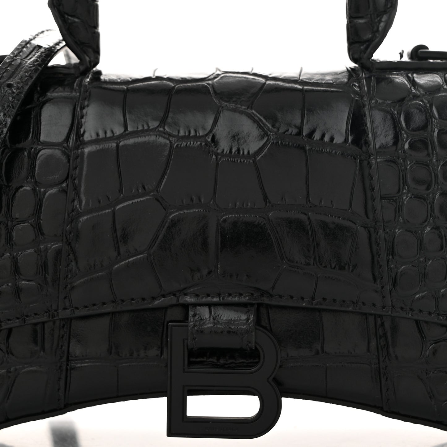 Shiny Calfskin Monochrome Crocodile Embossed Hourglass Top Handle Bag XS Black