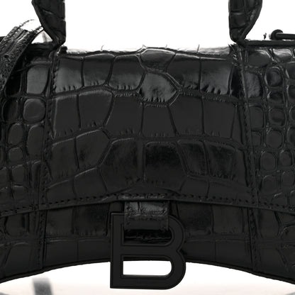 Balenciaga Shiny Calfskin Monochrome Crocodile Embossed Hourglass Top Handle Bag XS Black 8 of 10