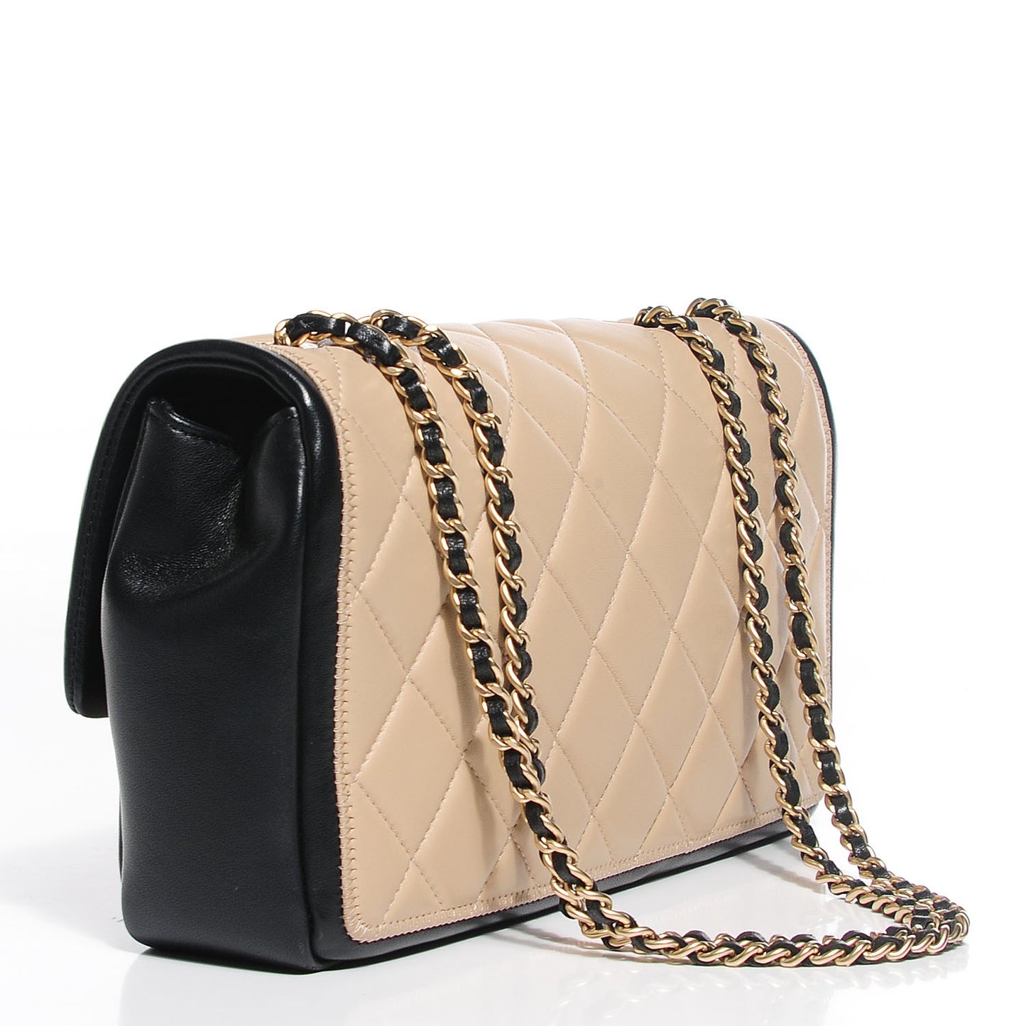 Lambskin Quilted Medium Graphic Flap Beige Black