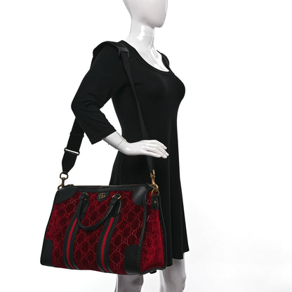 Gucci Velvet GG Monogram Textured Calfskin Web Medium Duffle Bag Red Cipria Black 2 of 11