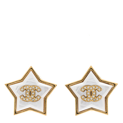 Chanel Pearl Crystal CC Star Clip On Earrings Gold 1 of 5