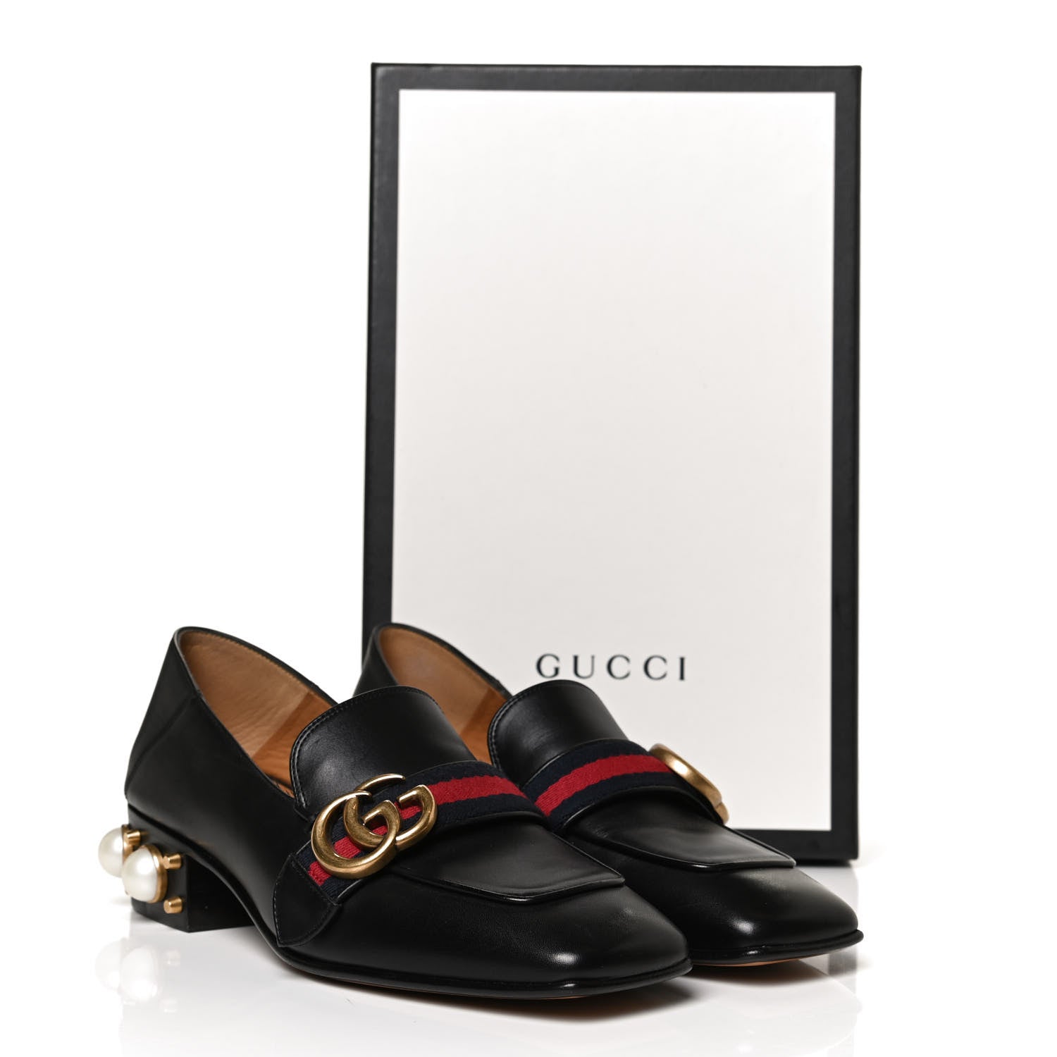 Gucci Betis Glamour Calfskin Web Pearl Embellished Peyton 35mm Loafer Pumps 36 Black 10 of 10
