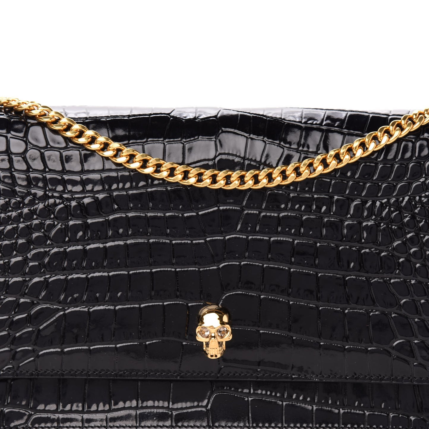 Calfskin Crocodile Embossed Skull Medium Shoulder Bag Black
