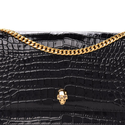 Alexander McQueen Calfskin Crocodile Embossed Skull Medium Shoulder Bag Black 9 of 10
