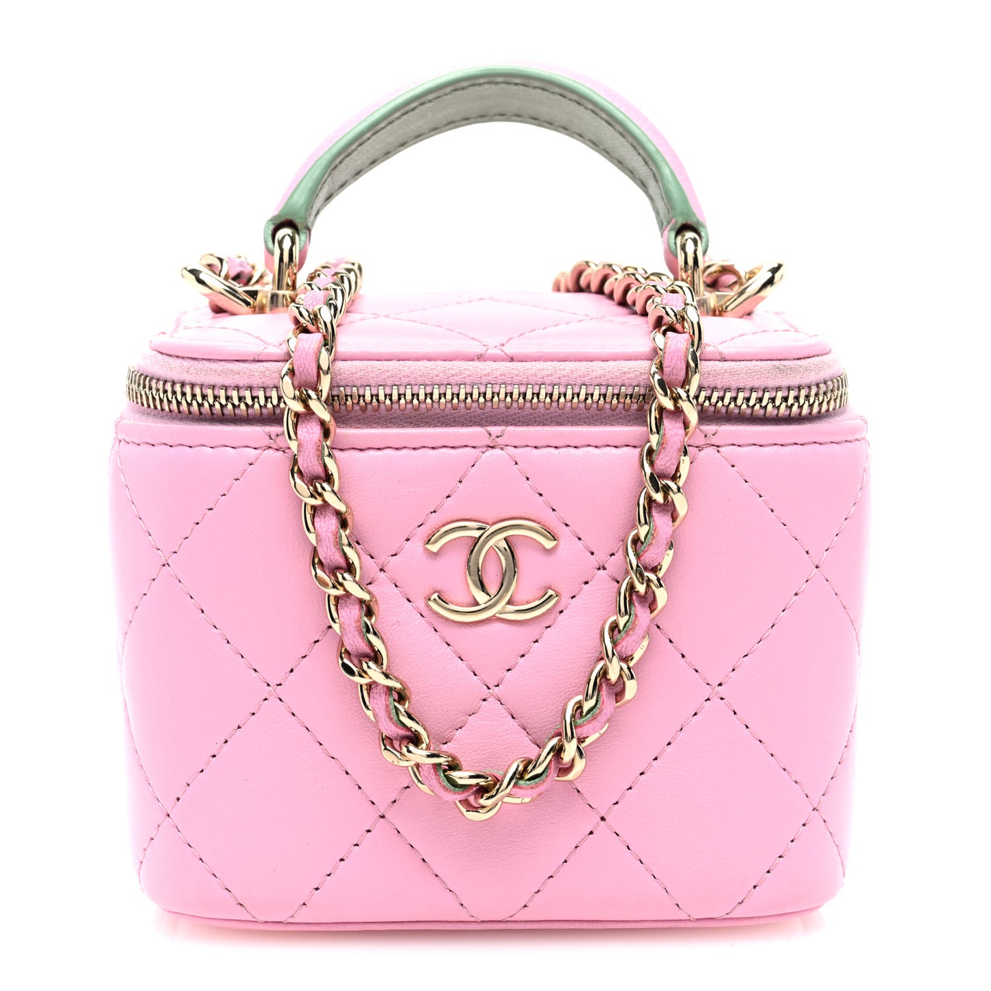 Lambskin Quilted Top Handle Mini Vanity Case With Chain Pink Green