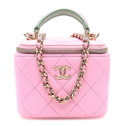 Chanel Lambskin Quilted Top Handle Mini Vanity Case With Chain Pink Green 1 of 10