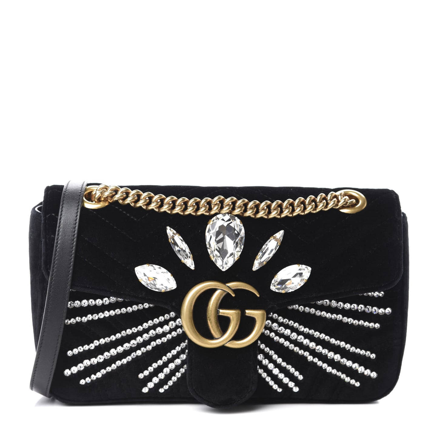 Velvet Matelasse Marquise Crystals Embroidered Small GG Marmont Shoulder Bag Black