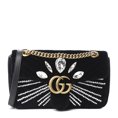 Gucci Velvet Matelasse Marquise Crystals Embroidered Small GG Marmont Shoulder Bag Black 1 of 10