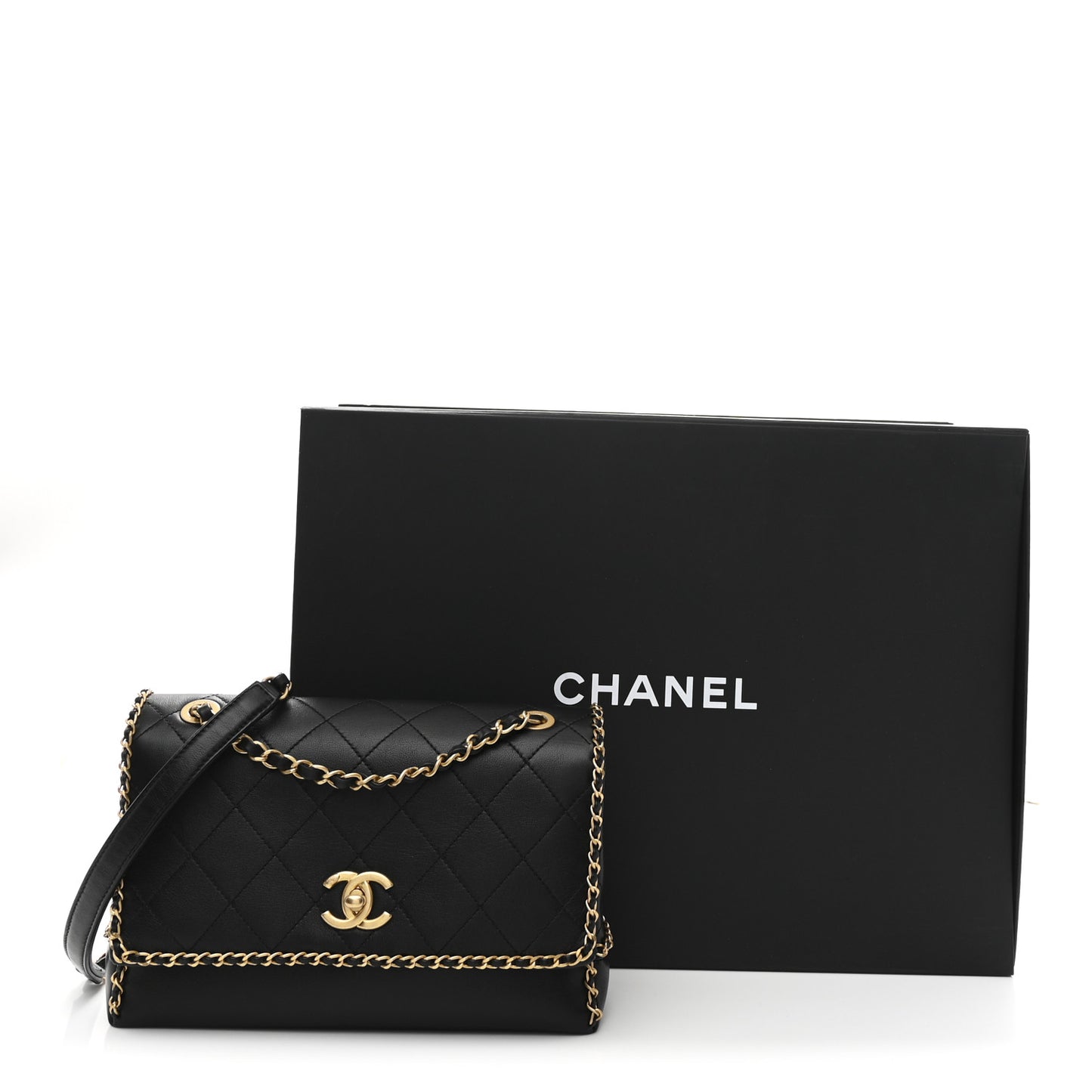 Calfskin Stitched Chain Flap Black