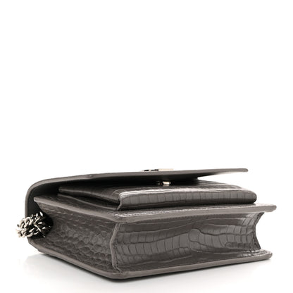 Saint Laurent Calfskin Crocodile Embossed Monogram Sunset Chain Wallet Fog 4 of 9
