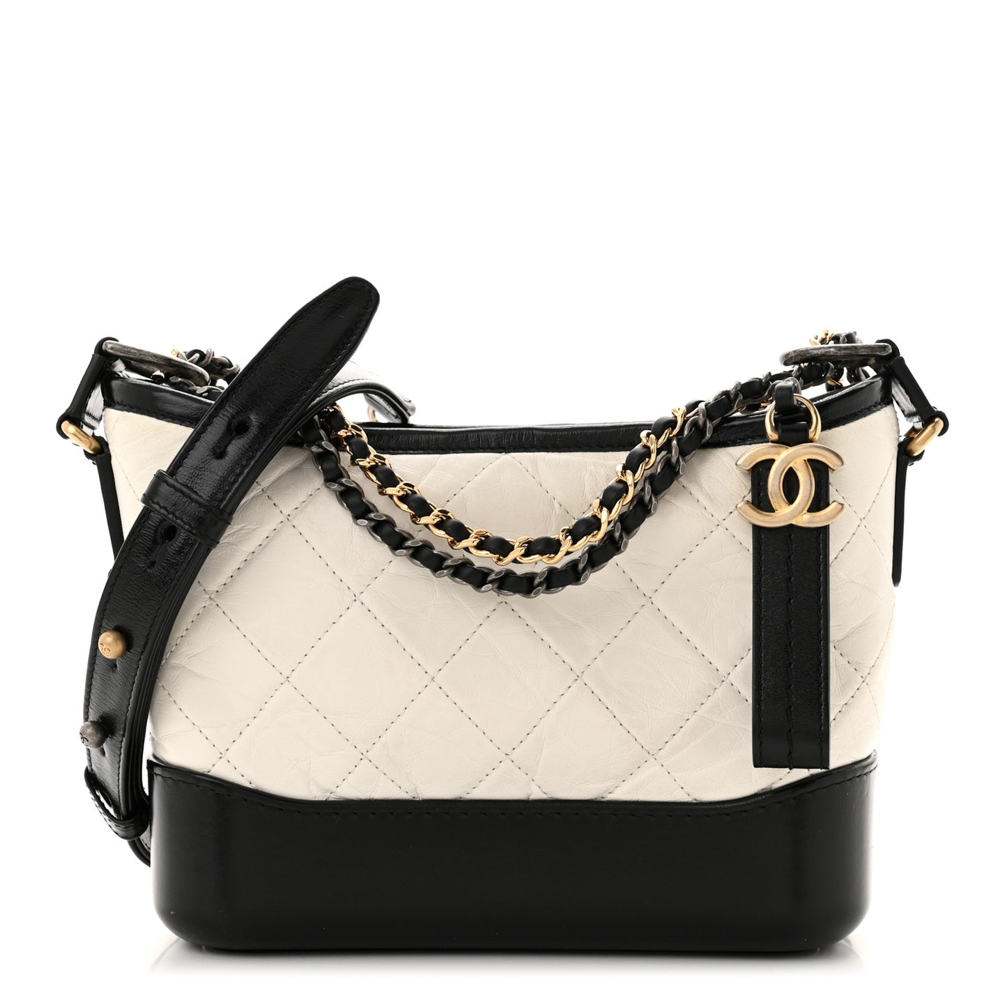 Aged Calfskin Quilted Small Gabrielle Hobo Black White