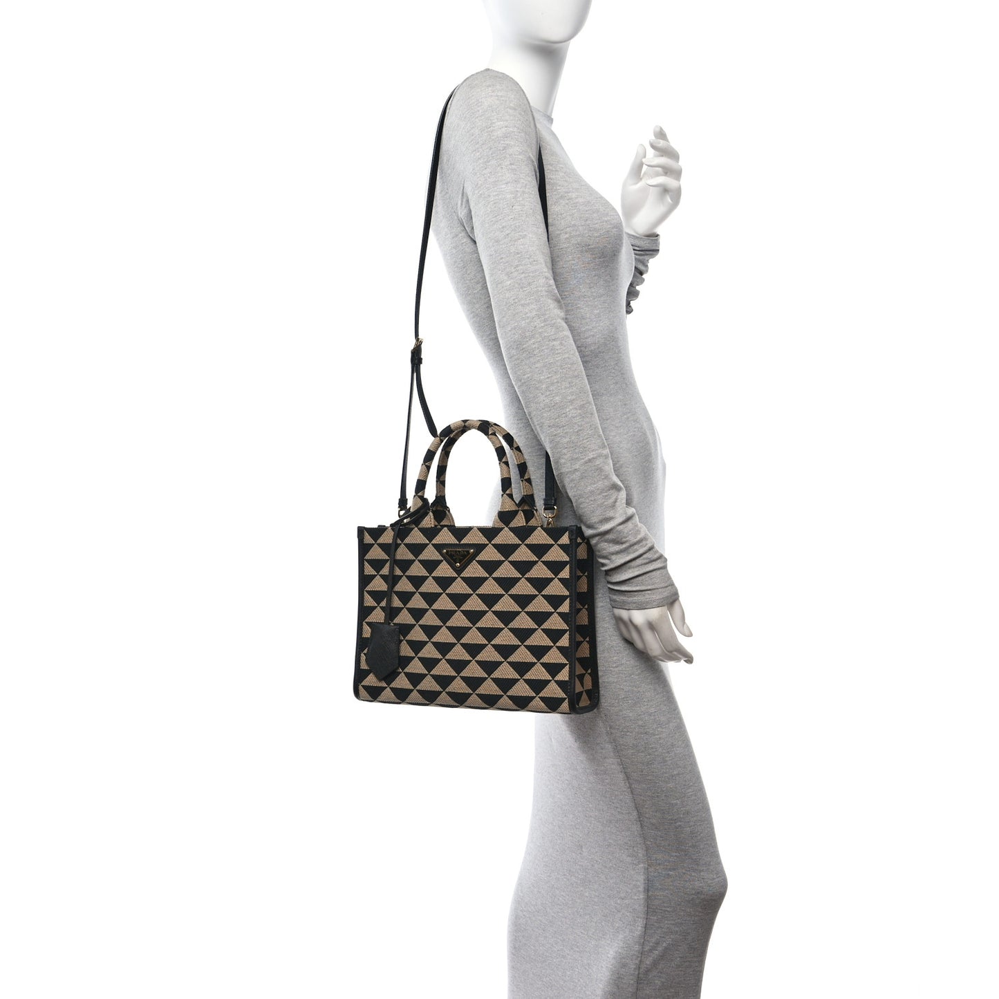 Jacquard Saffiano Triangolo Symbole Embroidered Small Tote Black Corda