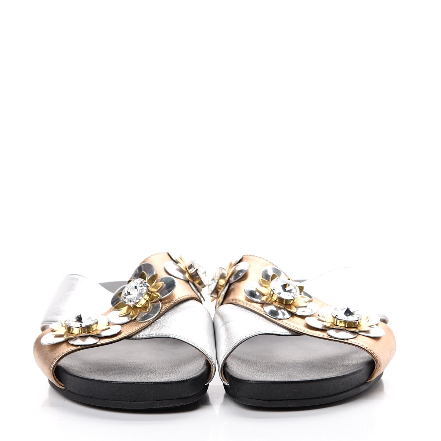 Metallic Nappa Crystal Flowerland Crisscross Slide Sandals 39 Argento Bronze Gold