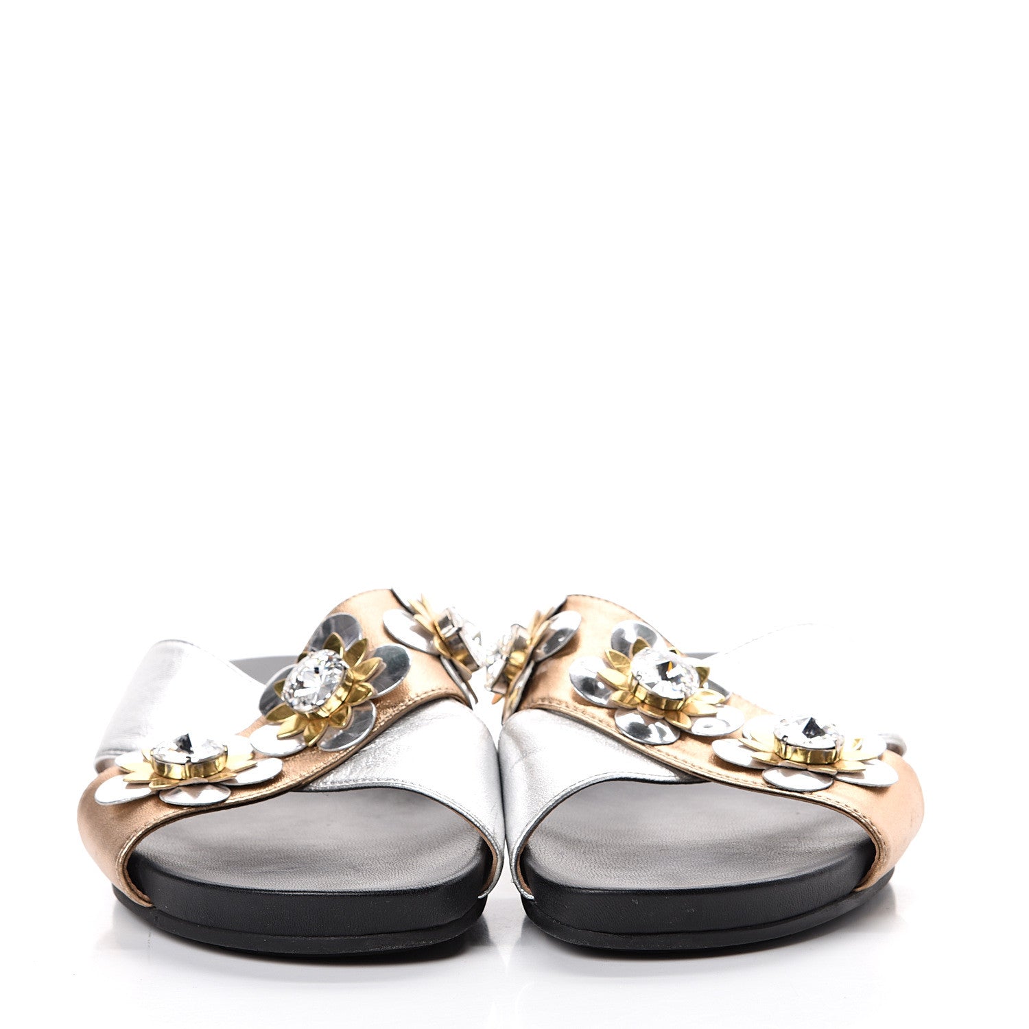 Fendi Metallic Nappa Crystal Flowerland Crisscross Slide Sandals 39 Argento Bronze Gold 2 of 7