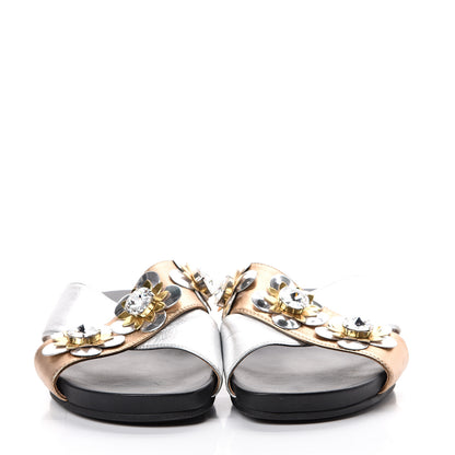Fendi Metallic Nappa Crystal Flowerland Crisscross Slide Sandals 39 Argento Bronze Gold 2 of 7