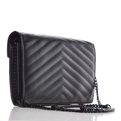 Saint Laurent Grain De Poudre Matelasse Chevron Monogram Chain Wallet Black 3 of 11