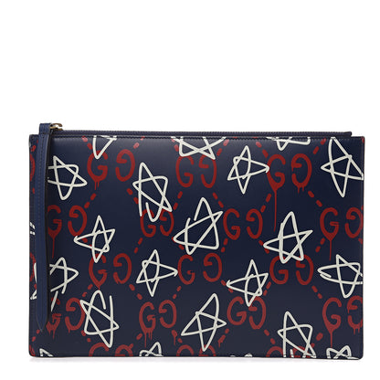 Gucci Calfskin GucciGhost Print Pouch Blue Agata Hibiscus Red 1 of 8
