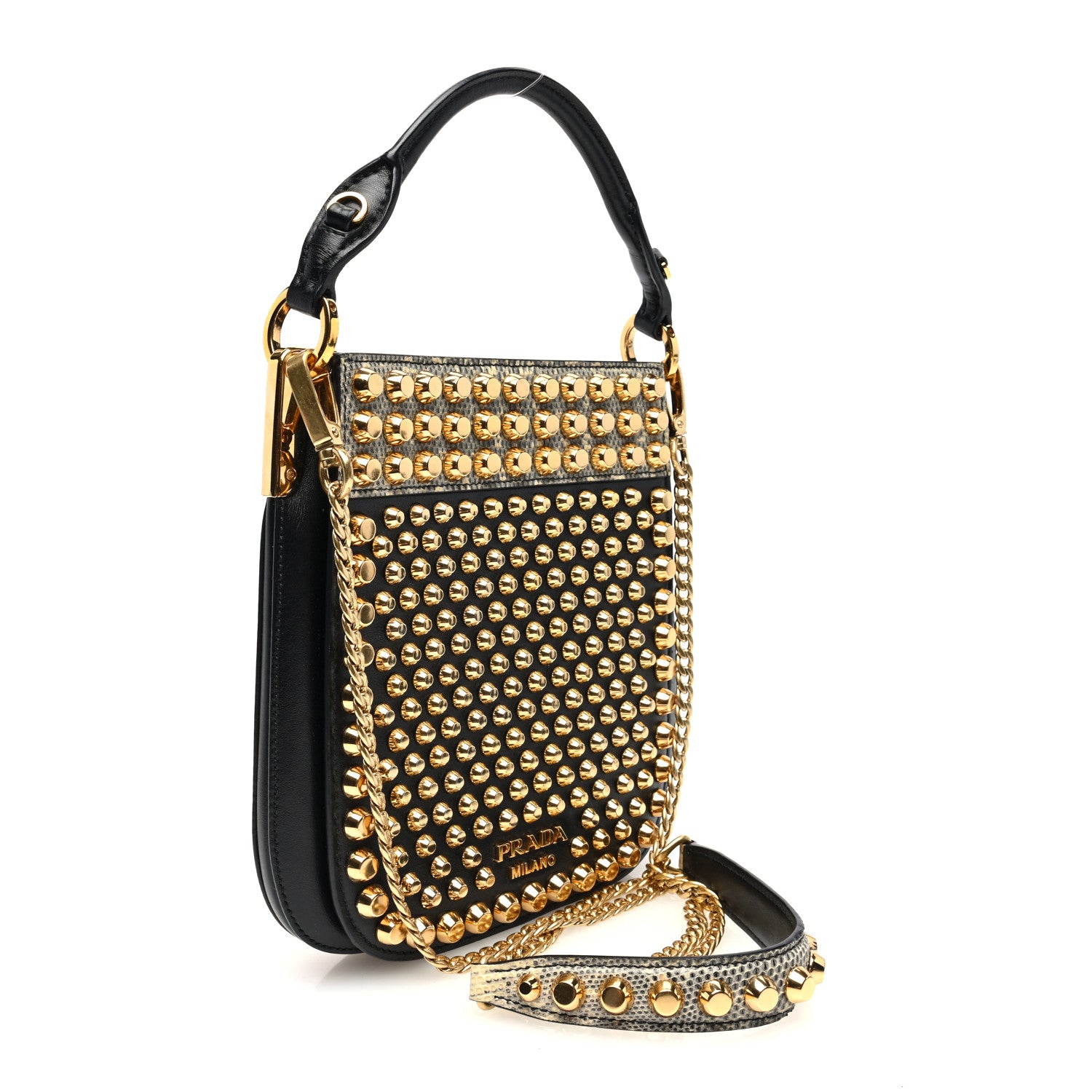 Prada City Calfskin Lucer Studded Small Margit Bag Black Roccia 3 of 9