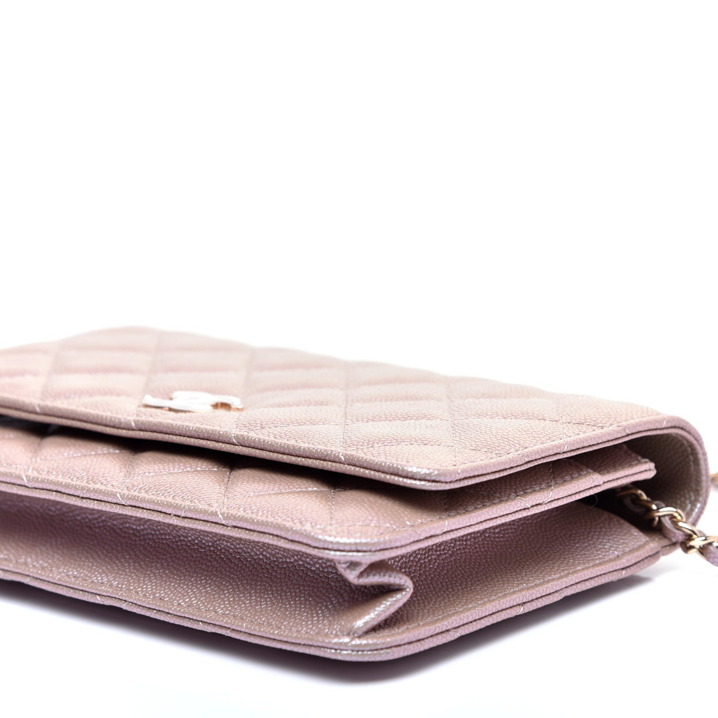 Iridescent Caviar Quilted Wallet On Chain WOC Beige