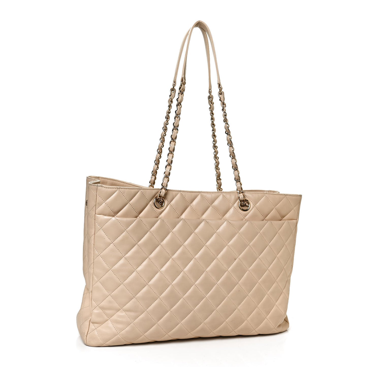 Calfskin Quilted Large CC Shopping Tote Beige