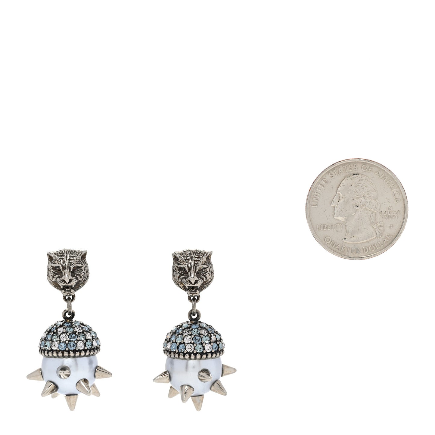Metal Crystal Pearl Spike Feline Earrings Silver
