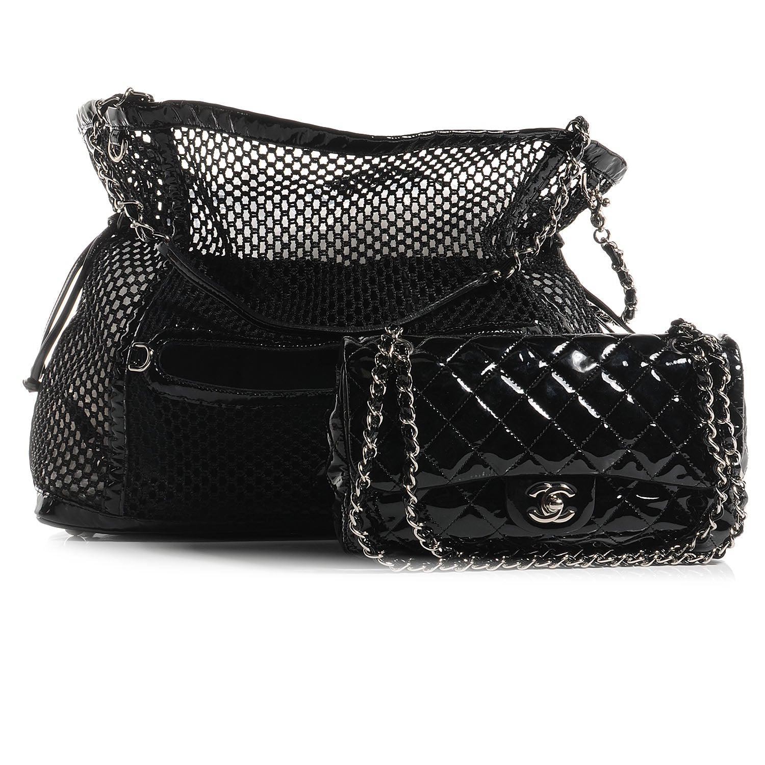 Chanel Patent Net Large La Madrague Tote Black 5 of 9