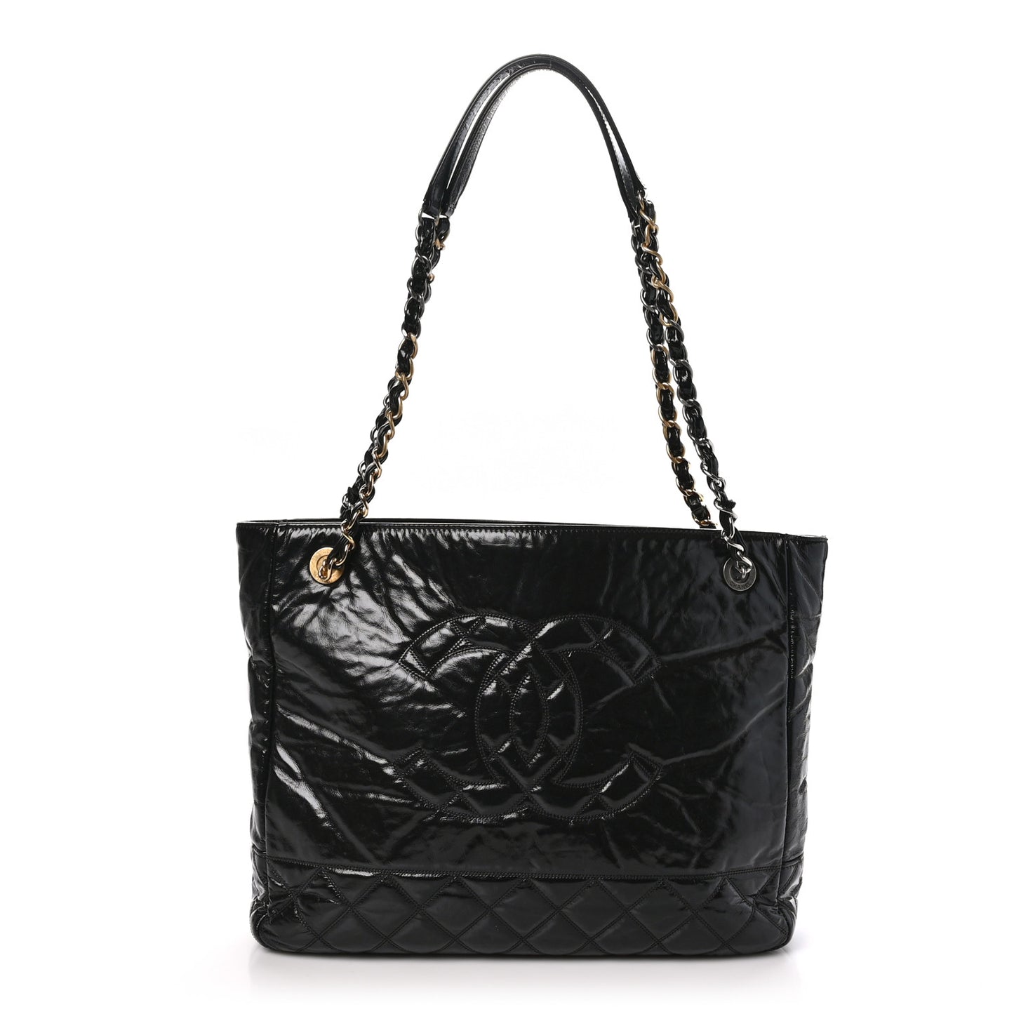 Shiny Aged Calfskin Quilted Small Shopping Bag Black