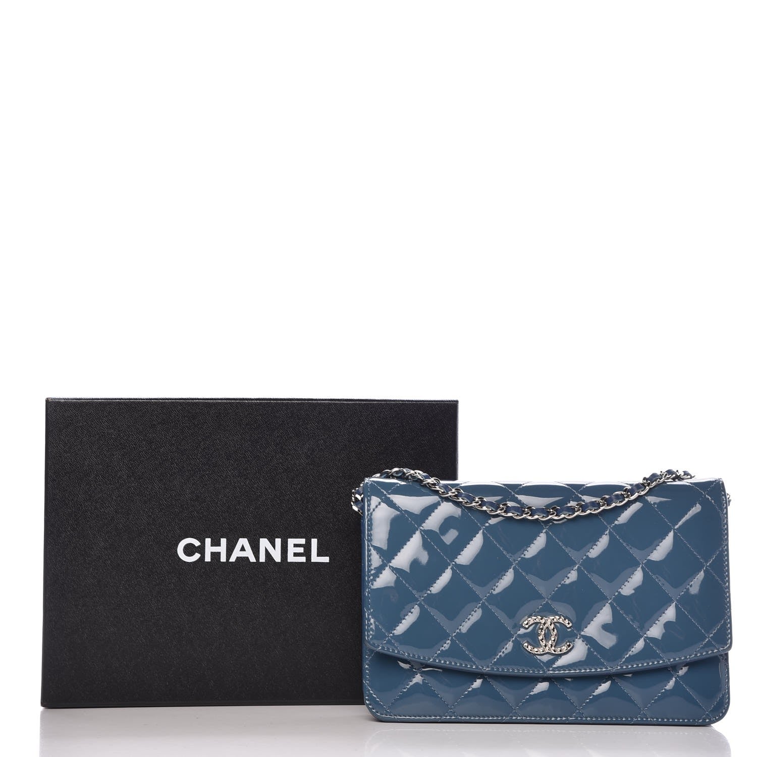Chanel Patent Quilted Brilliant Wallet On Chain WOC Blue 11 of 11