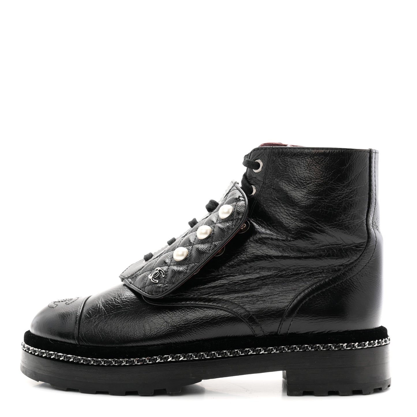 Crackled Calfskin Velvet Pearl Combat Short Boots 38 Black