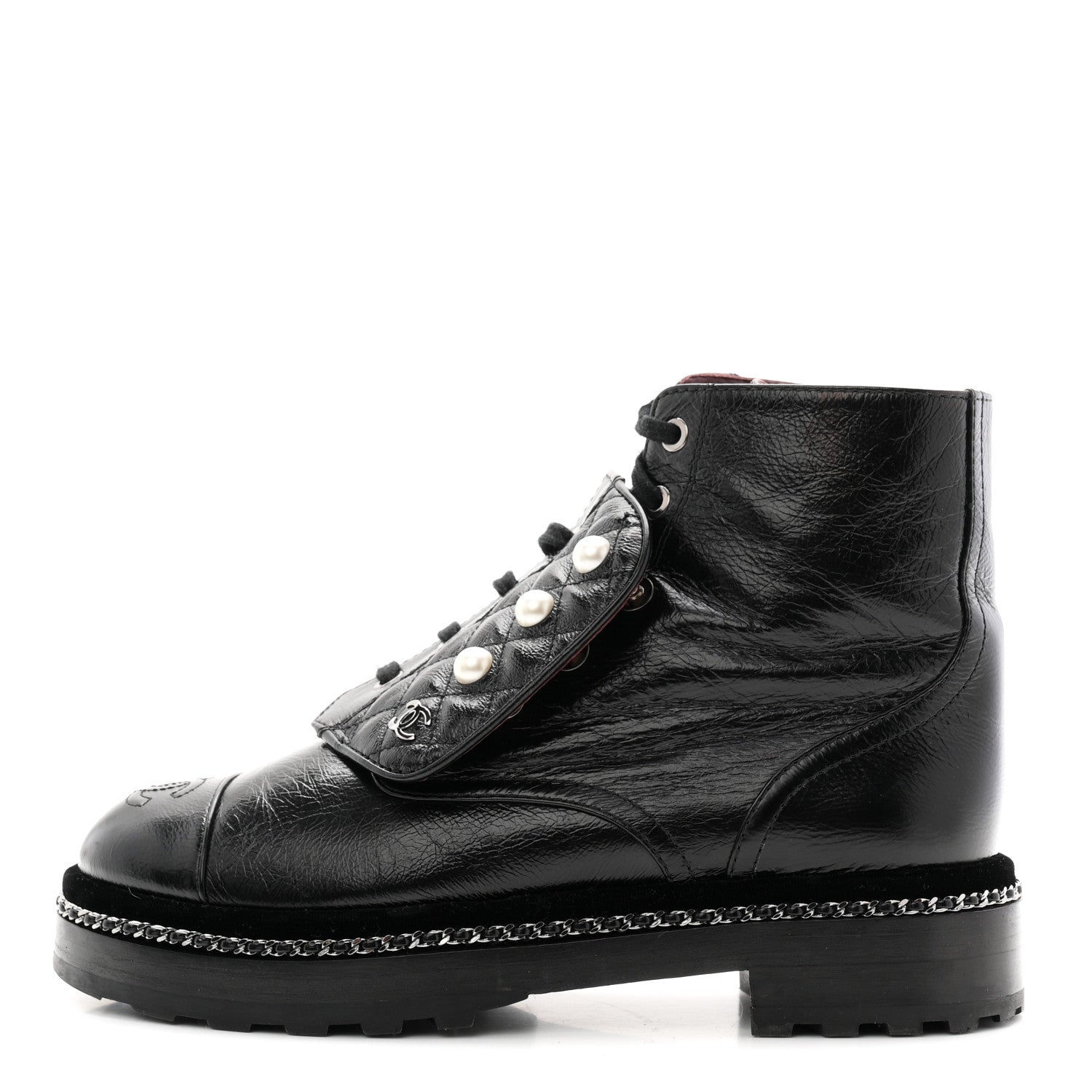 Chanel Crackled Calfskin Velvet Pearl Combat Short Boots 38 Black 1 of 10
