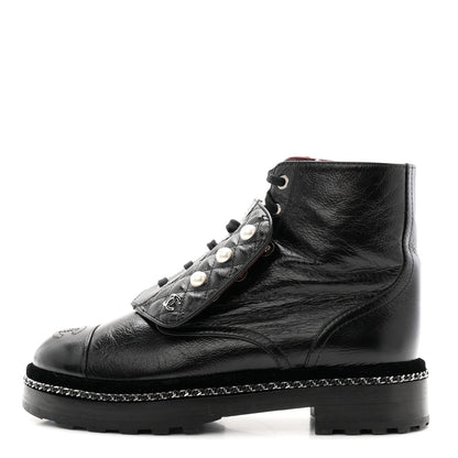 Chanel Crackled Calfskin Velvet Pearl Combat Short Boots 38 Black 1 of 10