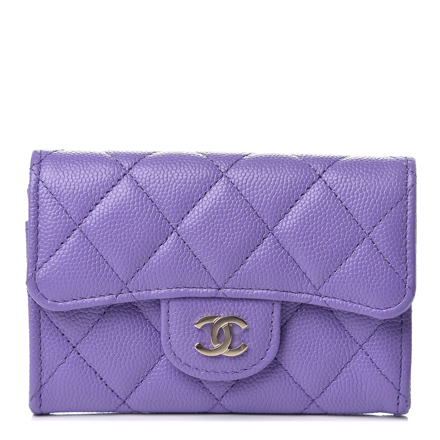Caviar Quilted Flap Card Holder Wallet Purple