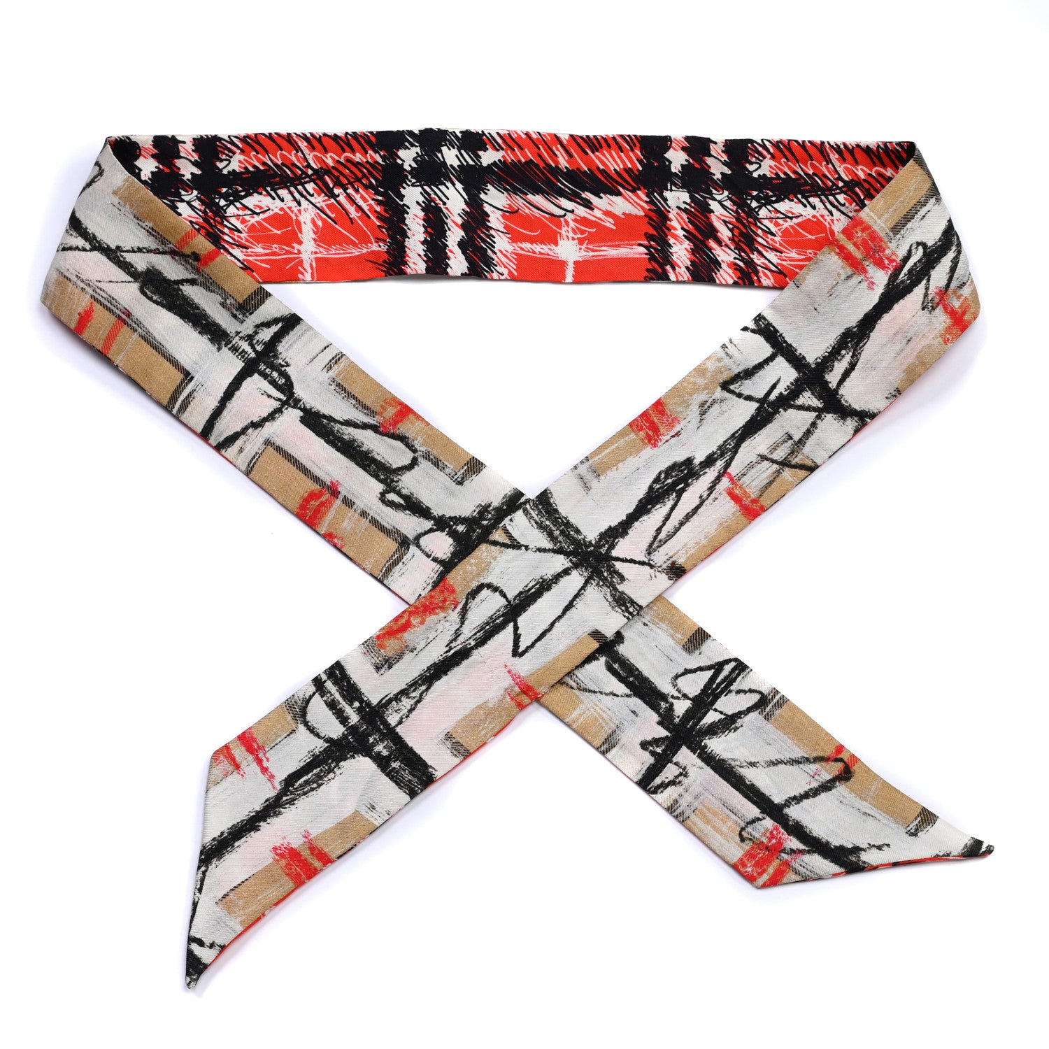 Burberry Silk Disruptive Check Scribble Print Skinny Scarf Bright Red 1 of 3