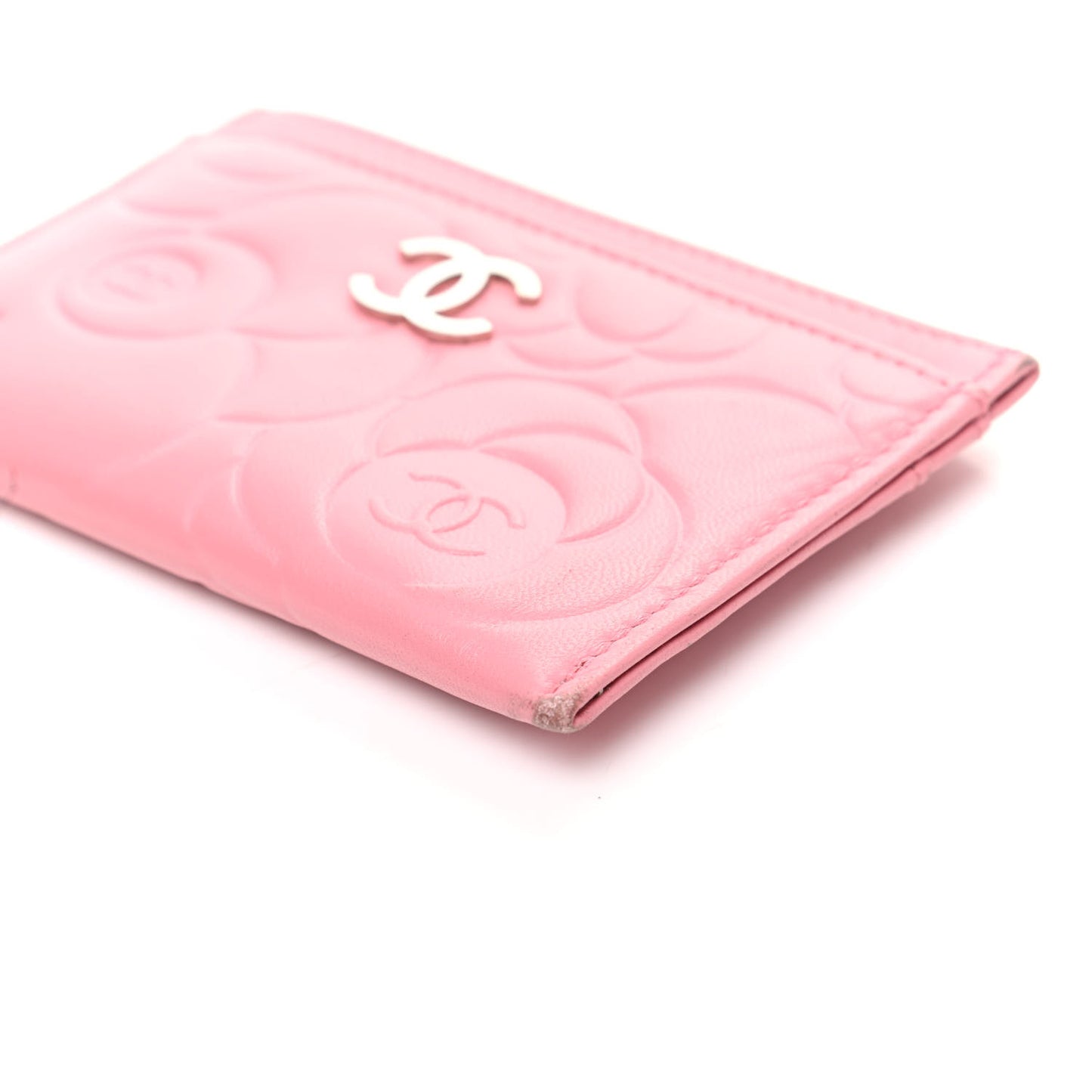 Lambskin Camellia Embossed Card Holder Pink
