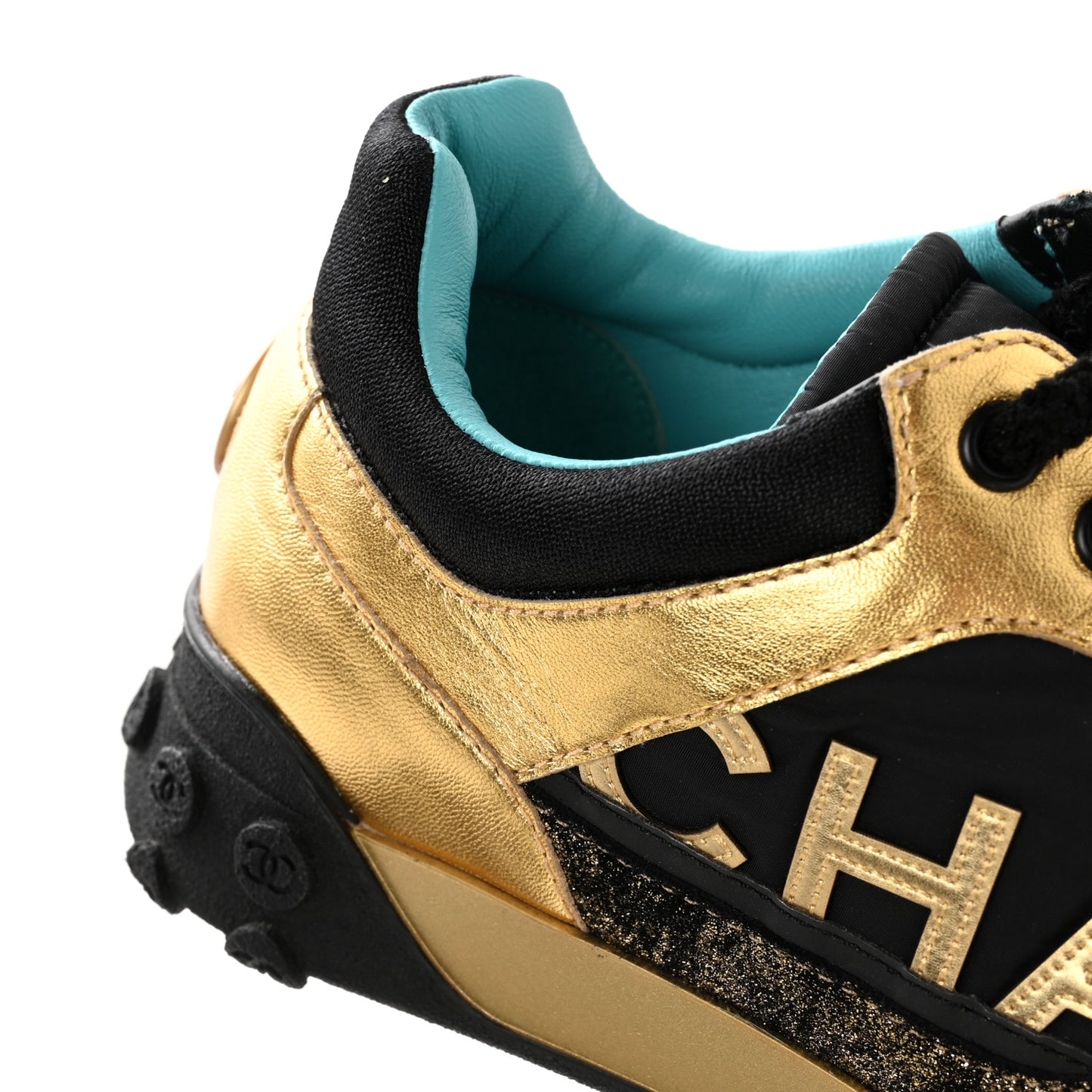 Metallic Lambskin Satin Finish Womens CC Sneakers 39.5 Black Gold