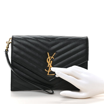 Saint Laurent Grain De Poudre Matelasse Chevron Monogram Envelope Clutch Black 2 of 6