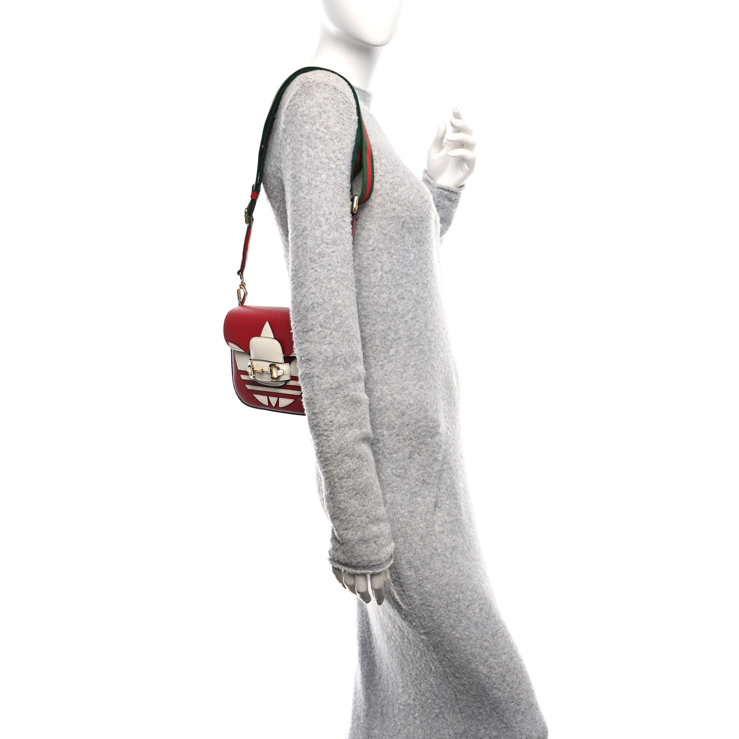 Gucci X ADIDAS Textured Dollar Calfskin Web Trefoil Mini Horsebit 1955 Shoulder Bag Hibiscus Red Off White 2 of 11