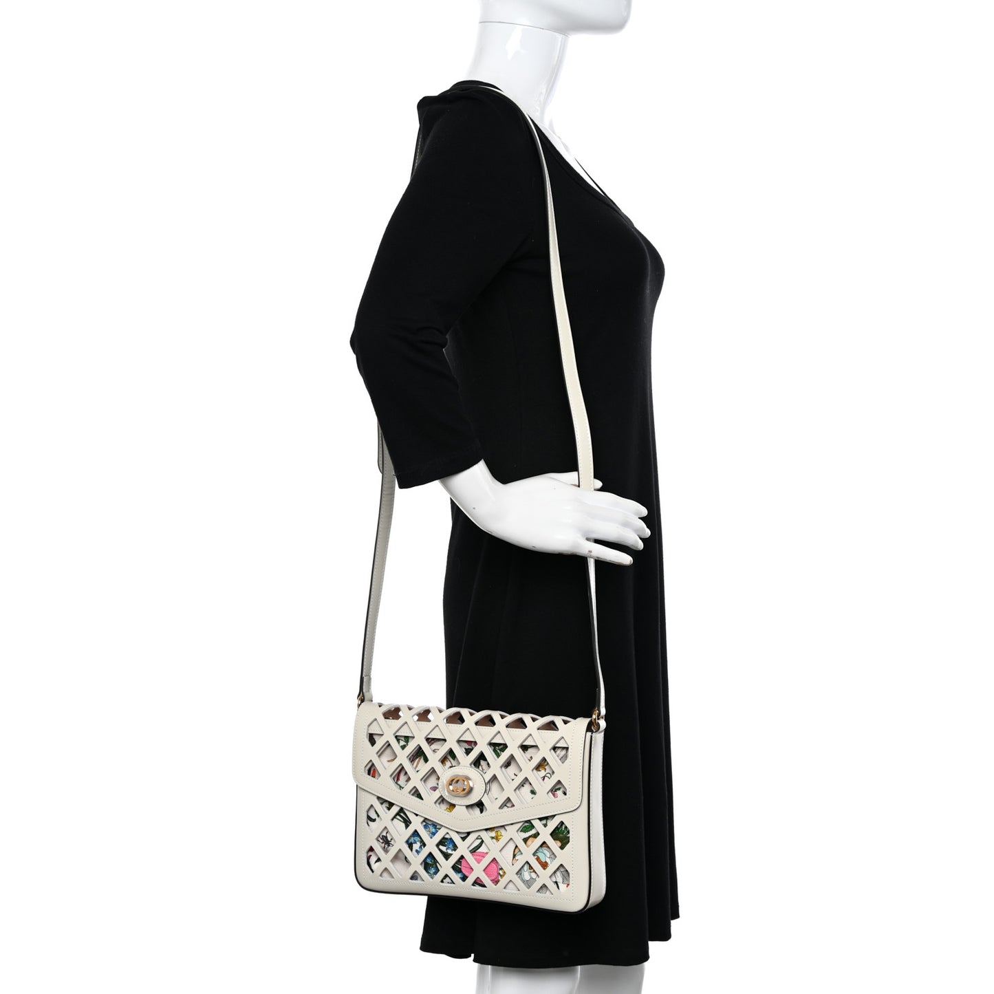 Canvas Flora Floral Calfskin Medium Cutout Shoulder Bag White Multicolor