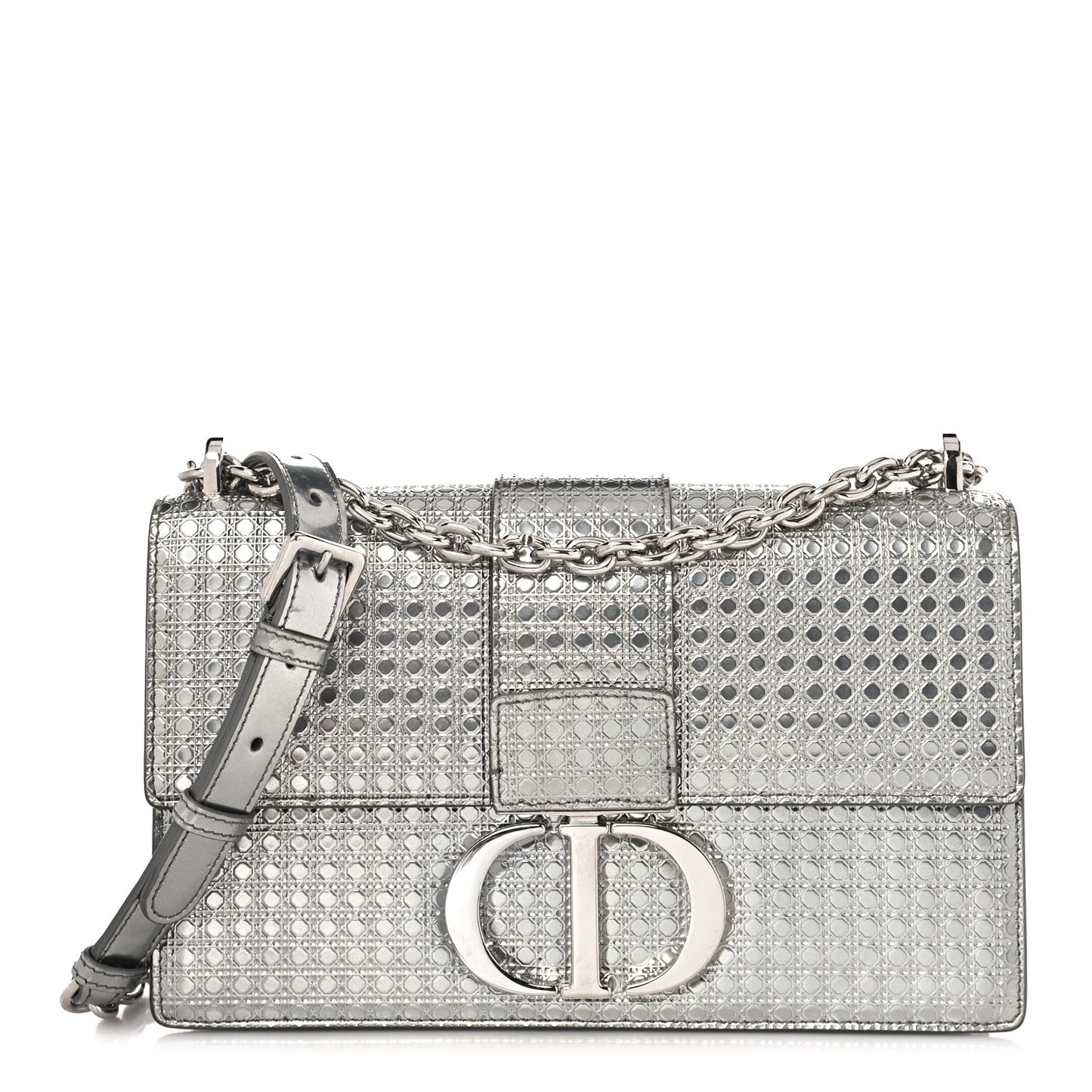 Metallic Patent Micro-Cannage 30 Montaigne Flap Bag Silver