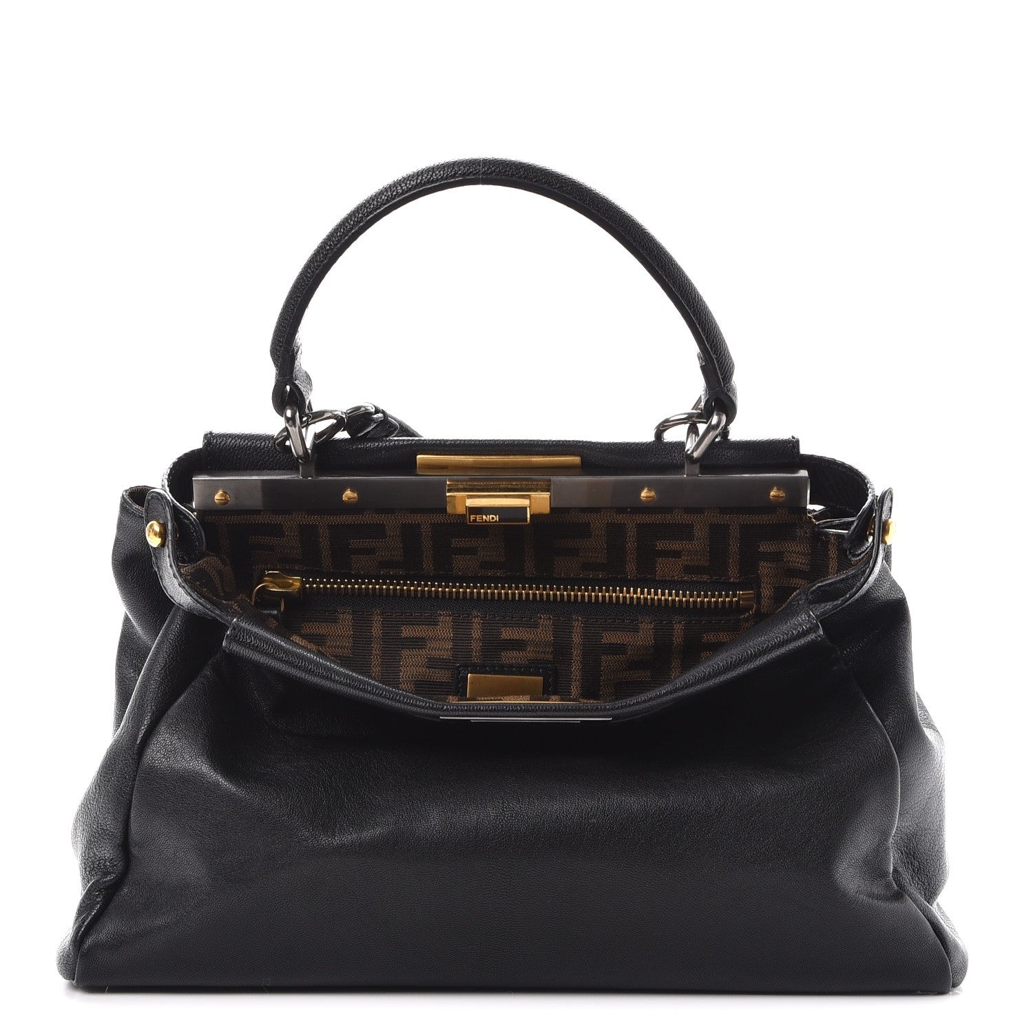 Fendi Goatskin Zucca Medium Peekaboo Iconic Satchel Black Tobacco 1 of 6