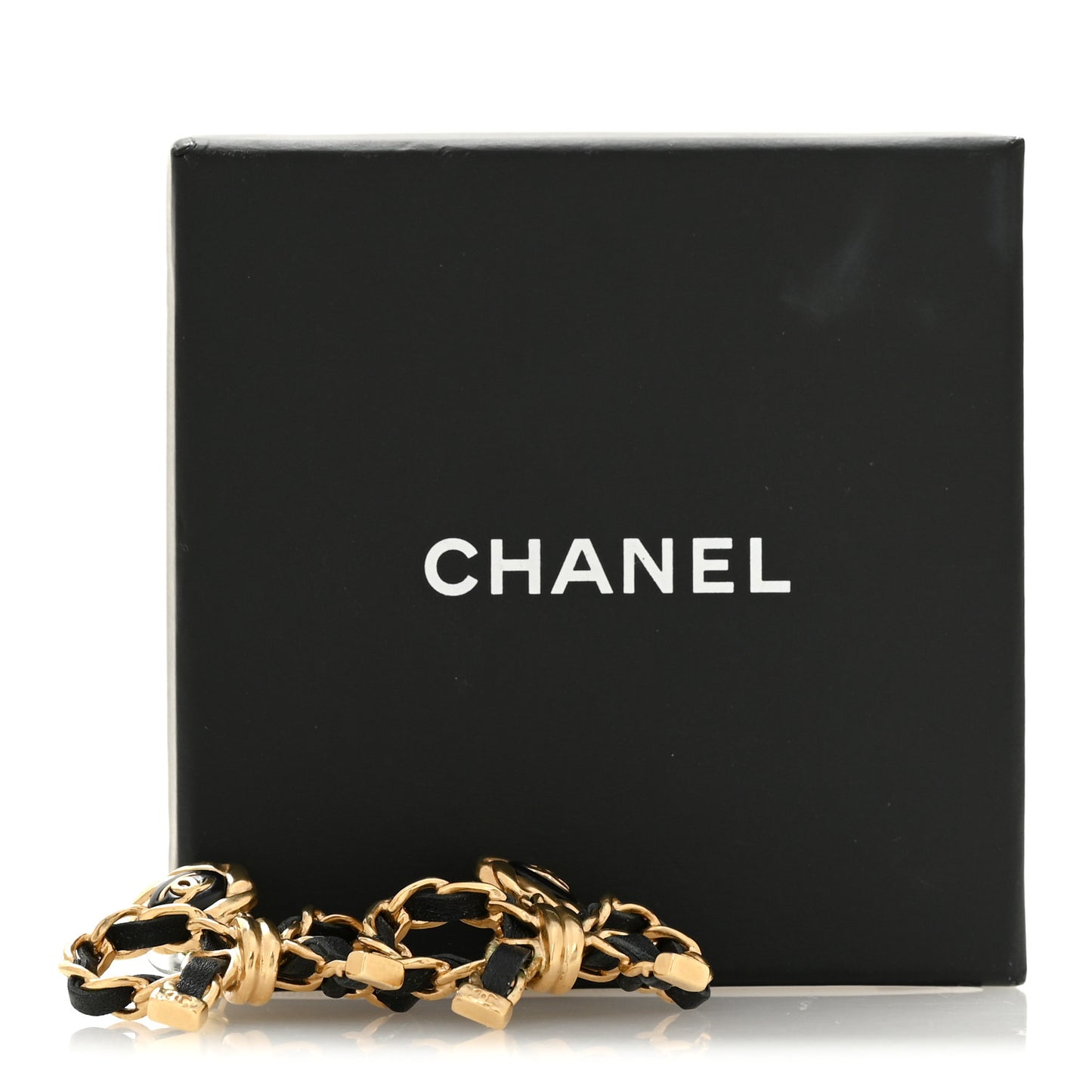 Lambskin Chain Bow Drop Earrings Black Gold