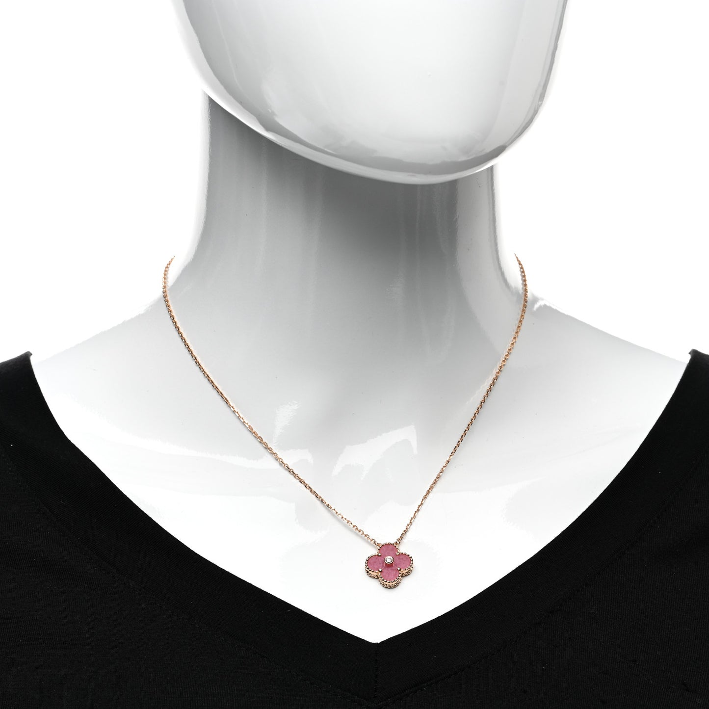 18K Rose Gold Diamond Rhodonite Vintage Alhambra Pendant Necklace