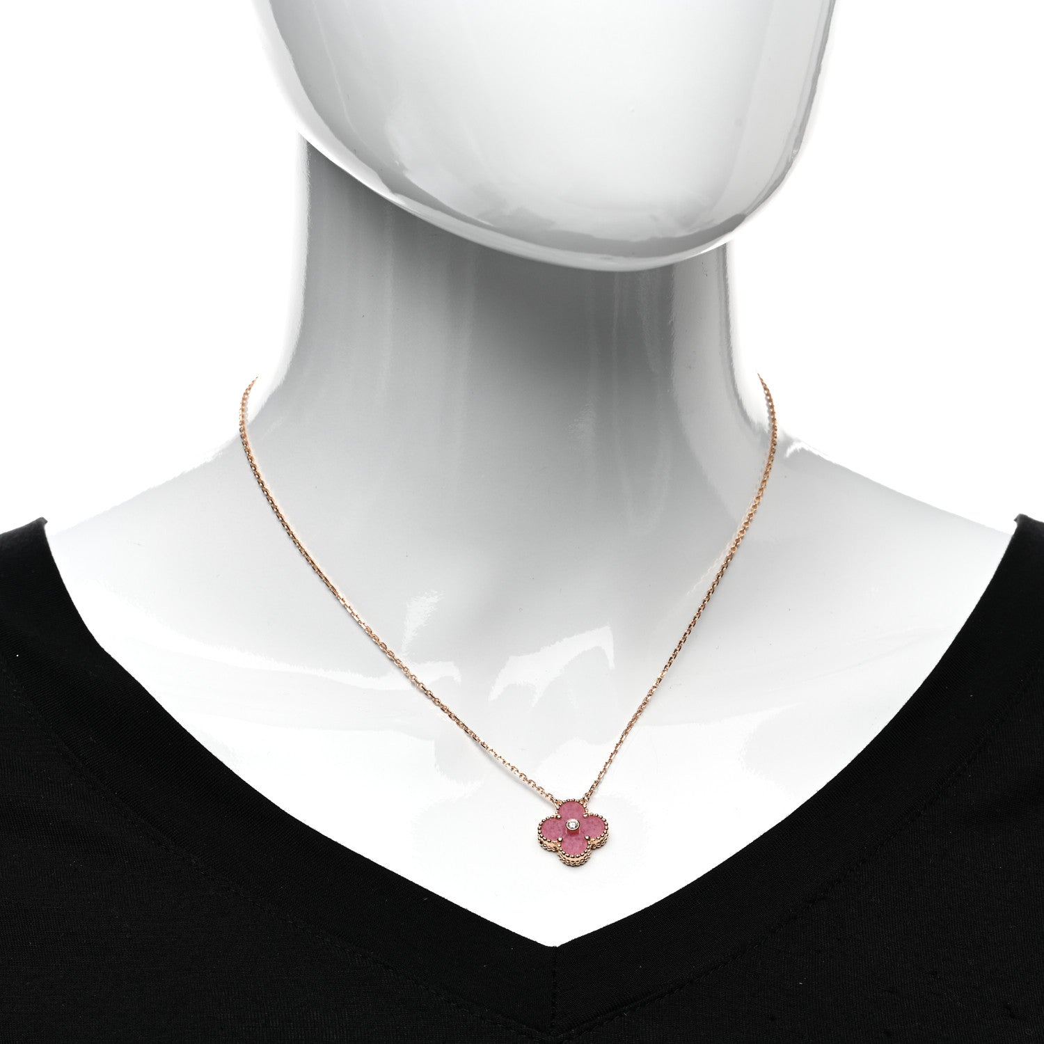 Van Cleef & Arpels 18K Rose Gold Diamond Rhodonite Vintage Alhambra Pendant Necklace 2 of 6