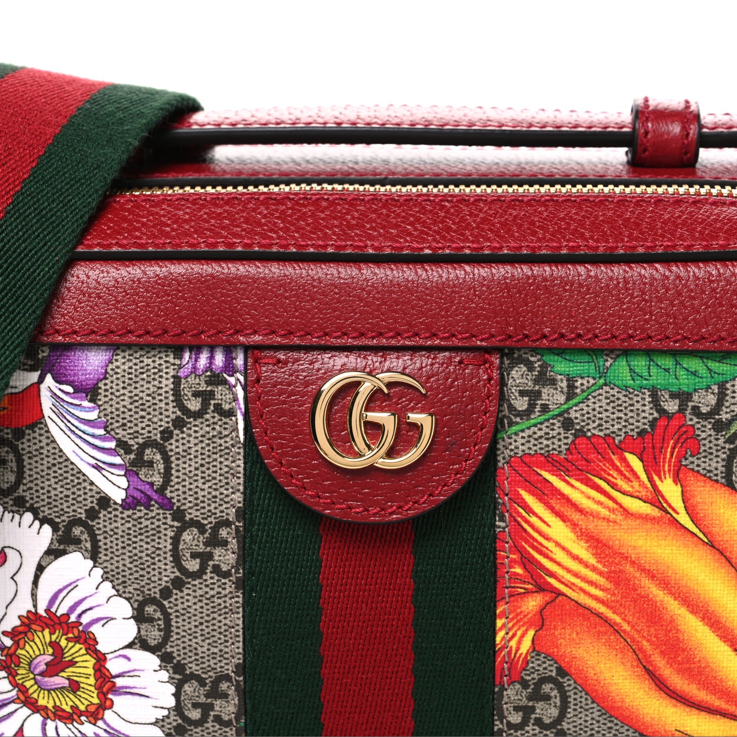 GG Supreme Monogram Flora Web Small Ophidia Top Handle Shoulder Bag Hibiscus Red