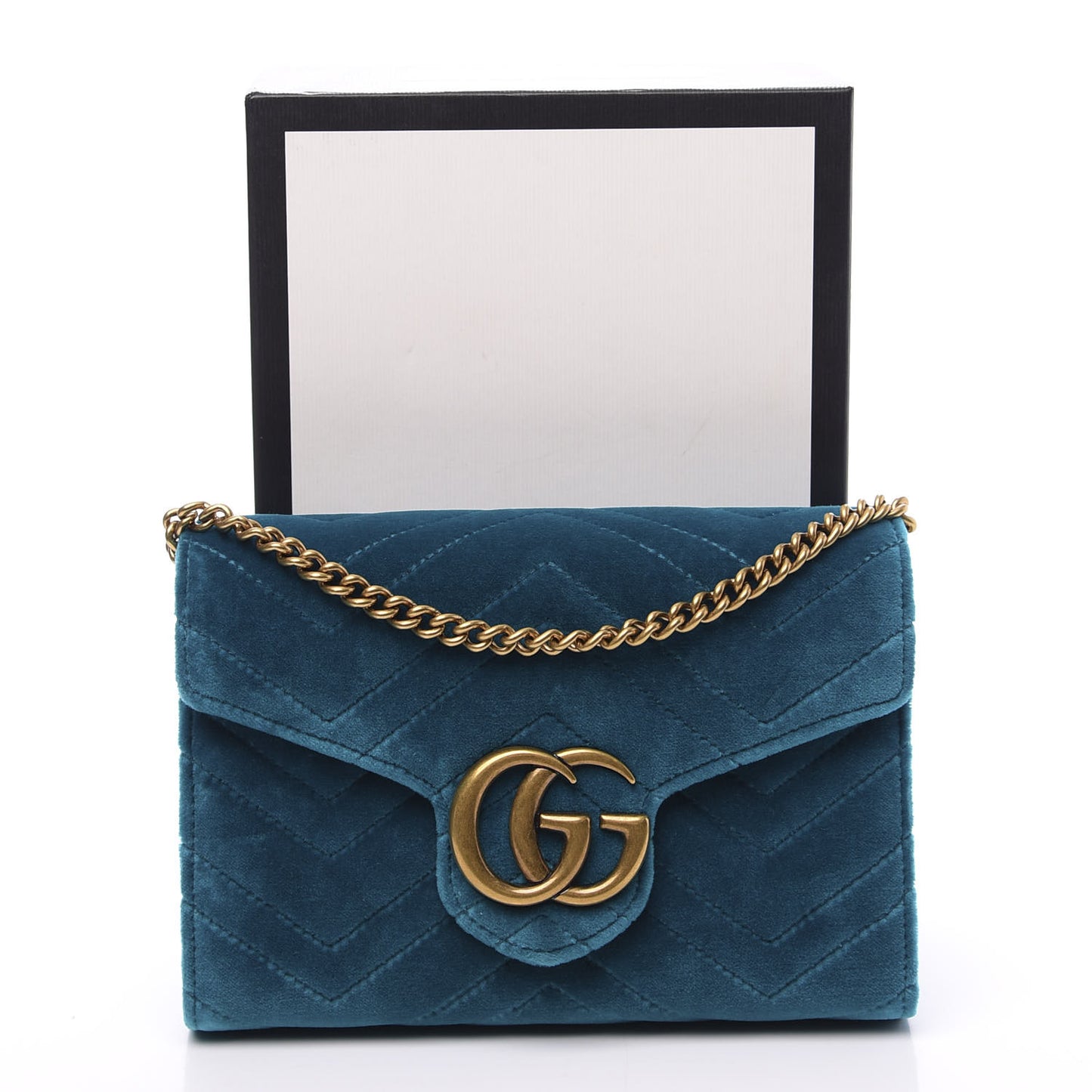 Velvet Matelasse GG Marmont Chain Wallet Pavone Cyan
